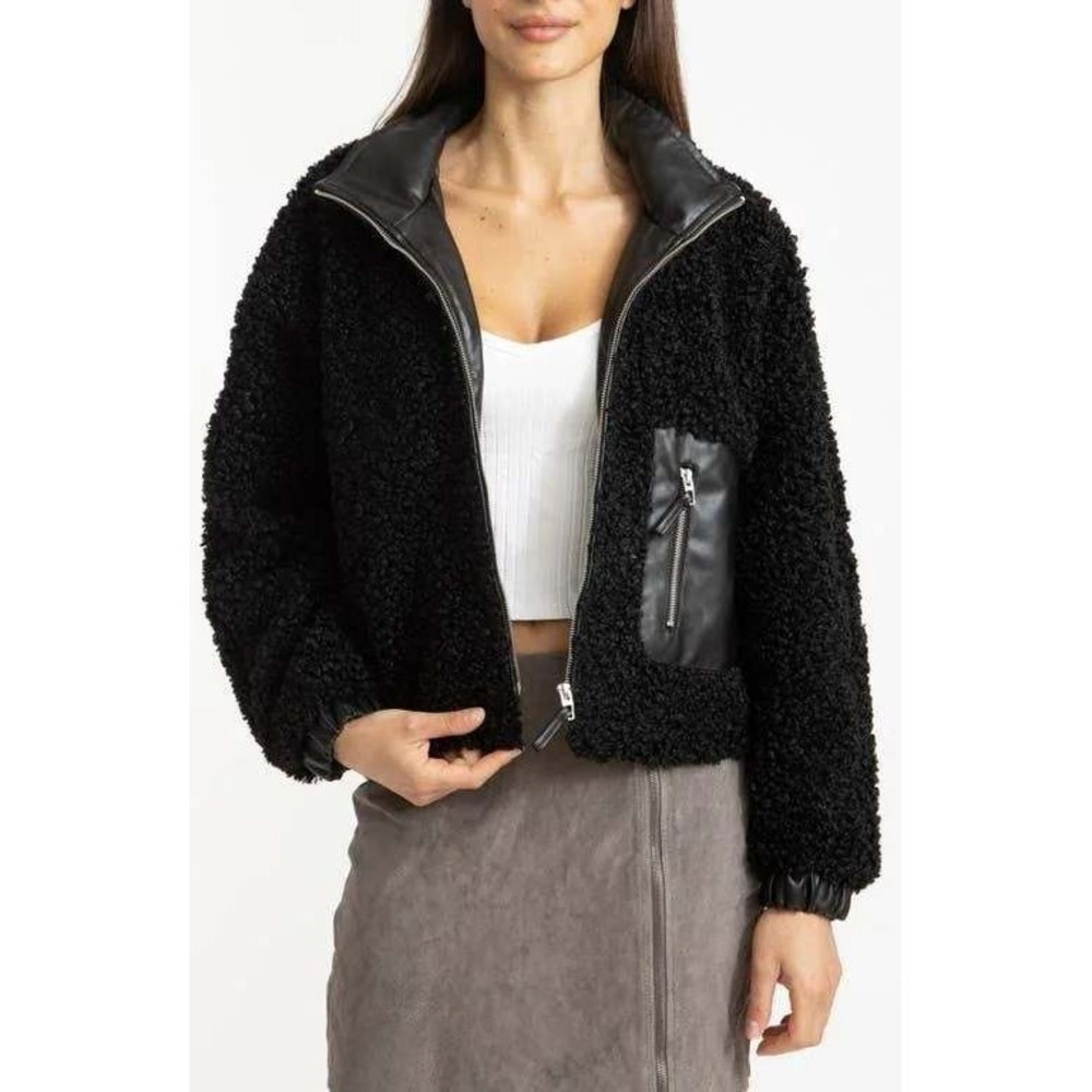 Blank NYC Small Black Faux Leather Fur Teddy Jacket ZipUp Sleek Chic Casual Fire